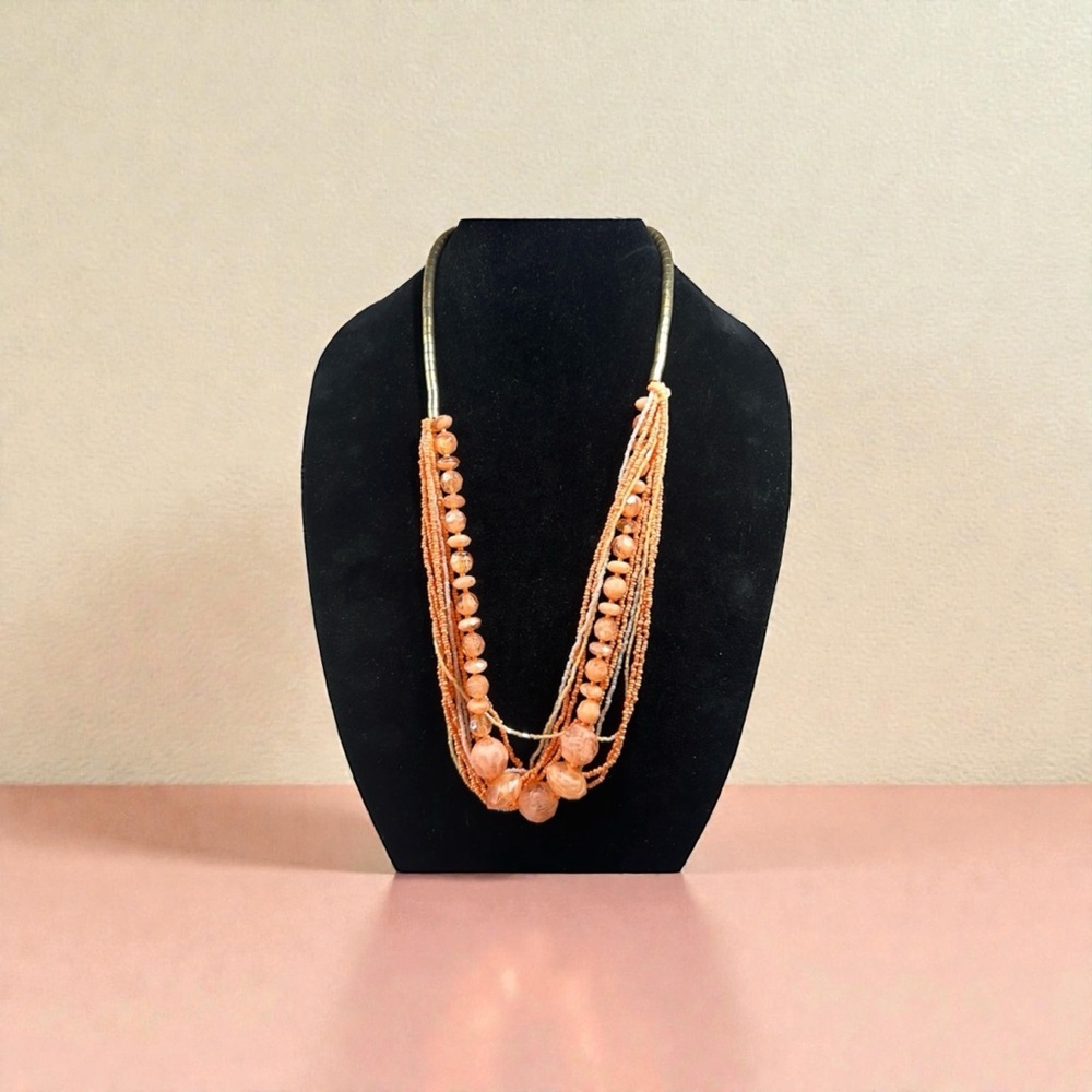 Orange Beaded MultiLayered Necklace.  32 inches.  Costume Jewelry.